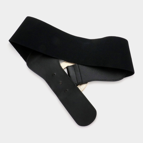 Gold Black Rhinestone Circle Buckle Elastic Belt Stretch Fashion Accessory